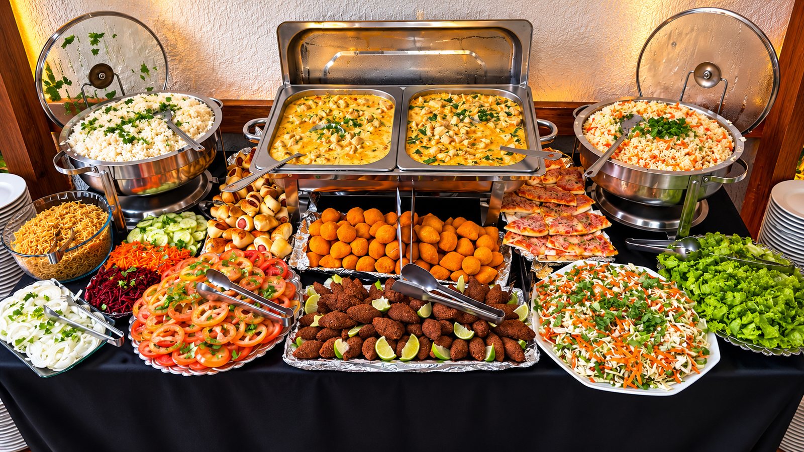 Mesa de pratos quentes do Buffet Castelo Mágico, com estrogonofe de frango, arroz, saladas e salgados